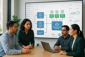 Equipo en oficina LATAM colaborando en un tablero QMS con ISO 9001, 14001 y 45001 integrados a través de flujos no‑code.