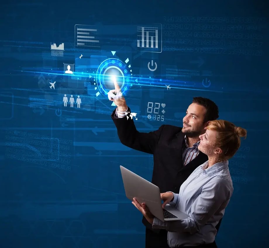 Business couple touching future web technology buttons and icons