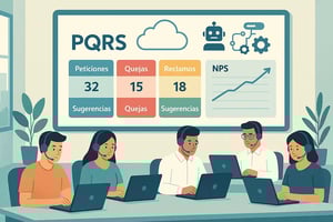Centro de servicio con tablero de PQRS y curva de NPS al alza en una empresa LATAM.